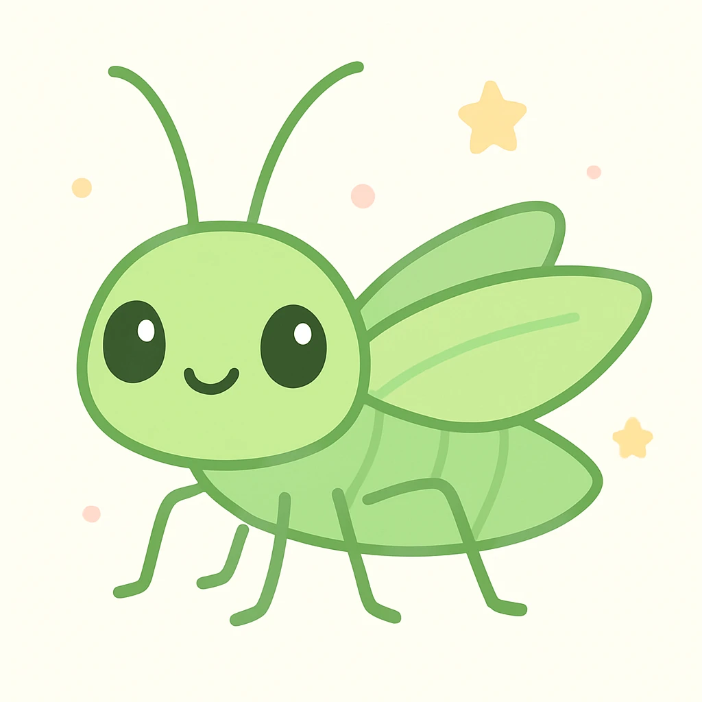 cute cartoon katydid with big eyes and smiling, bright green emoji