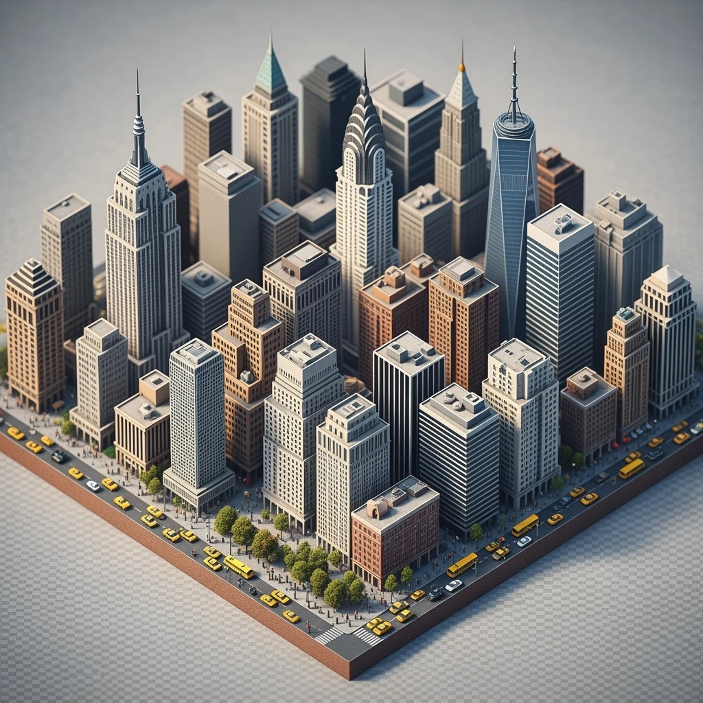 Isometric miniature of New York city 3D miniature effect and Tilt Shift effect, no cartoonish look, transparent background. emoji
