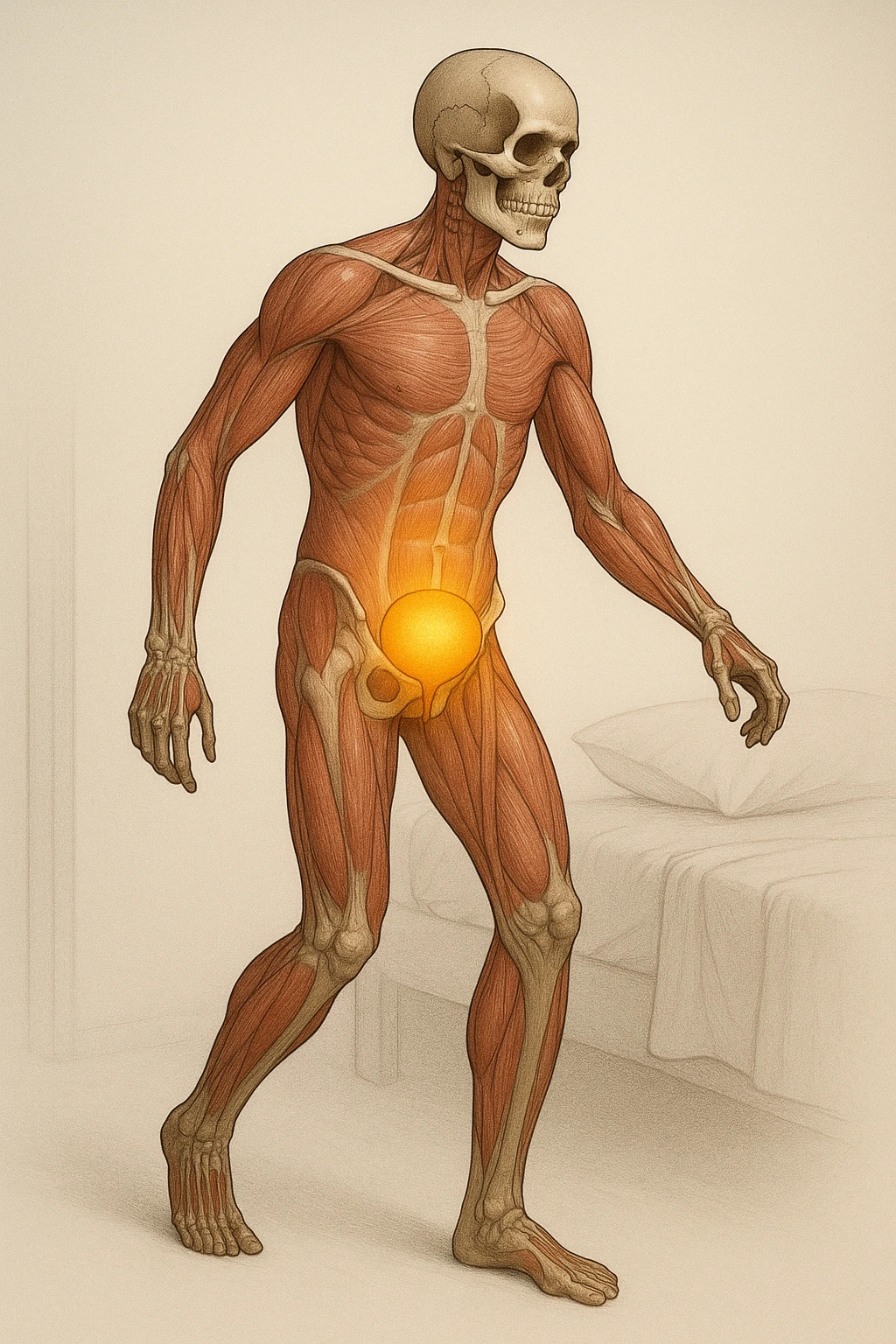 CORPO UMANO ANATOMICO CHE SI SVEGLIA LA NOTTE PER SVUOTARE LA VESCICA, VESCICA ANATOMICA IN EVIDENZA, SFONDO CHIARO NEUTRO emoji