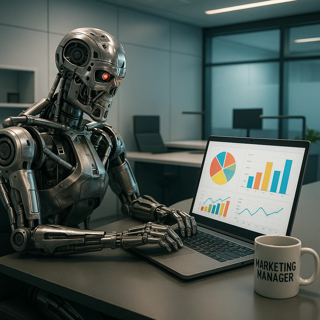 A Terminator robot at a desk, typing on a laptop with marketing charts on the screen, coffee mug labeled 'Marketing Manager', in a sleek office emoji