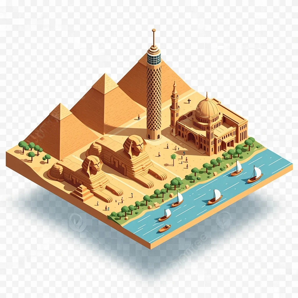 Isometric minimalistic illustration of Cairo - Pyramids of Giza, Sphinx, Cairo Tower, Nile riverbanks, subtle 3D miniature effect and Tilt Shift effect, no cartoonish look, transparent background. emoji