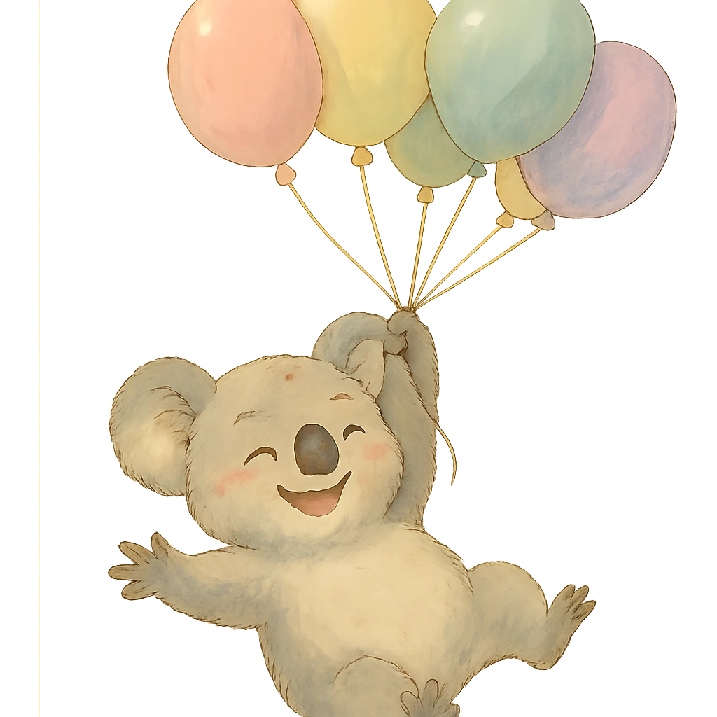 happy koala floating with pastel balloons in soft Ghibli style emoji