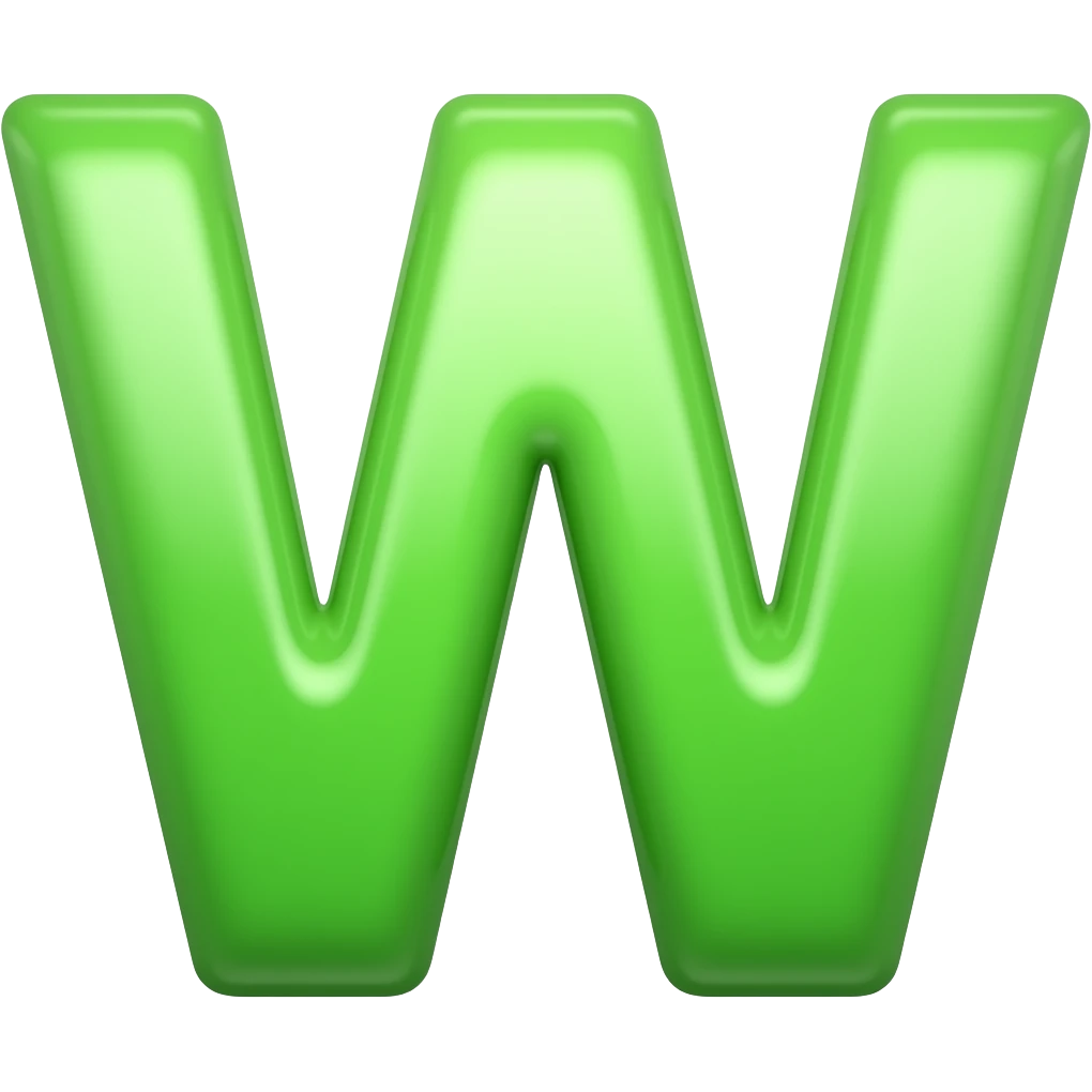 Create a Kick streaming emote of a bold letter "W".
- Image size: 500x500 pixels
- File format: PNG
- Transparent background
- File size under 1MB
- Simple cartoon gaming emote style
- Neon green letter W emoji