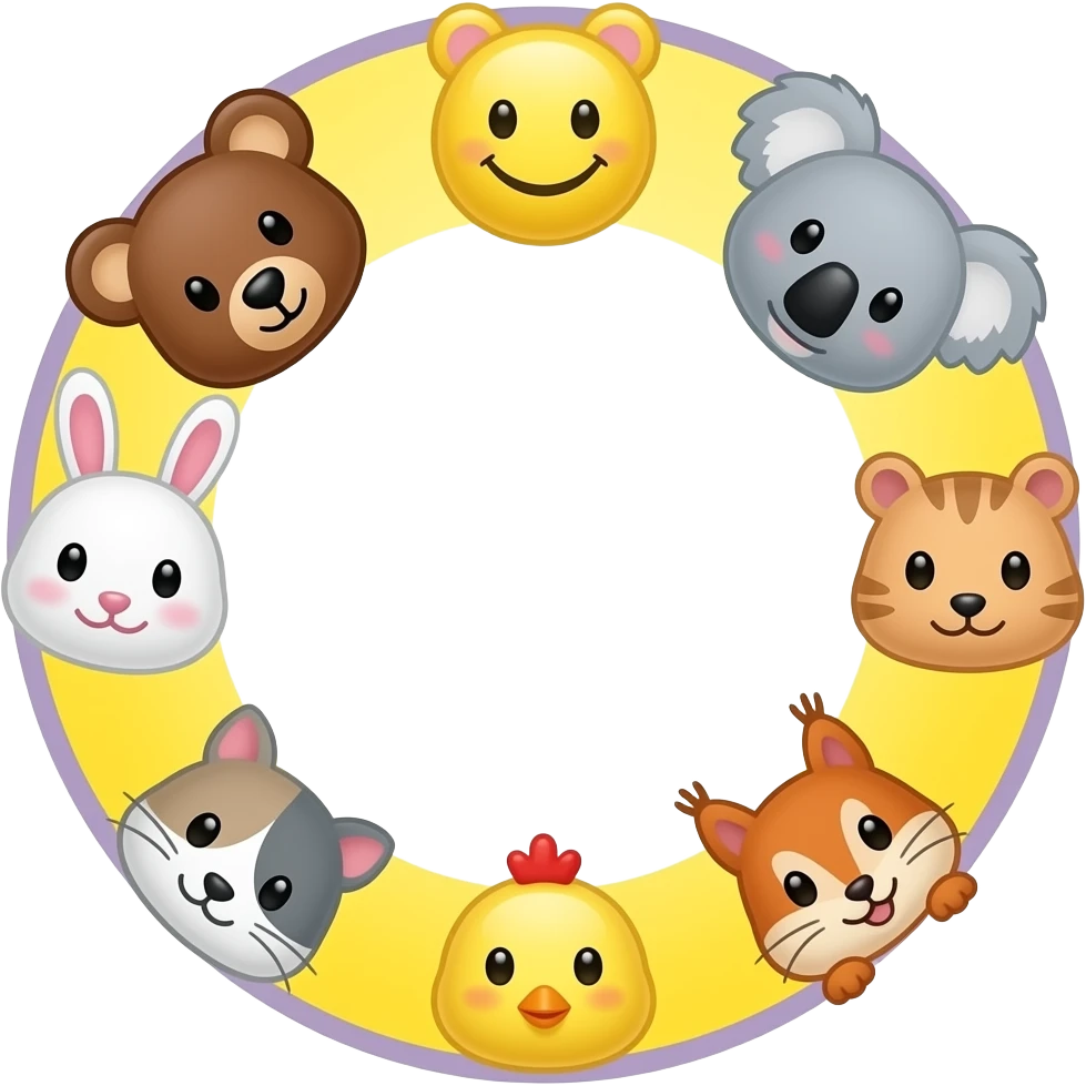 Same as this design, Yellow Smiley in the centre,with space to write, circle form ,serrounded by the head only of these 7 symbols: 🐻🐰🐨🐈🐹🐿🐥 Small size. Bright yellow background instead of red, lighter purple outlines emoji
