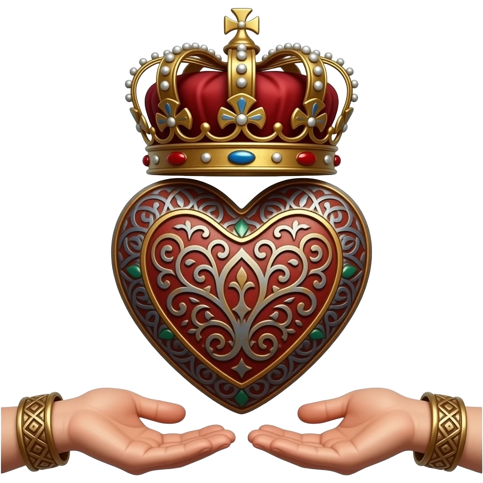 two elegant  hands with bronze bracelets touch with their fingers a rusty heart richly ornamented with arabesques with a richly decorated royal crown,  (fingers are facing down and palms are facing up)   - dramatic lighting - backlight emoji