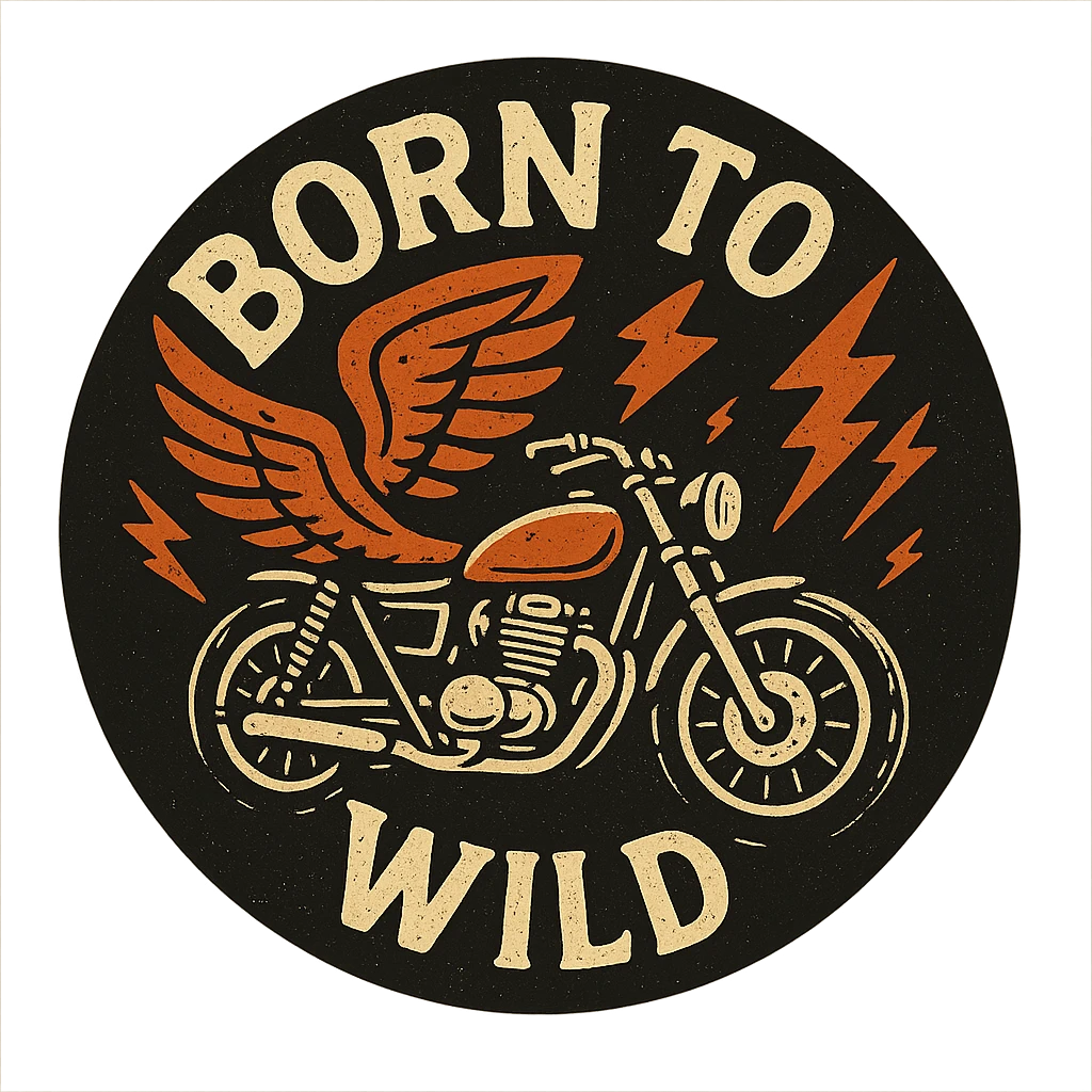circular motorcycle cap design with transparent background, text 'Born to be wild', motif: wing, motorcycle, lightning, energetic style emoji