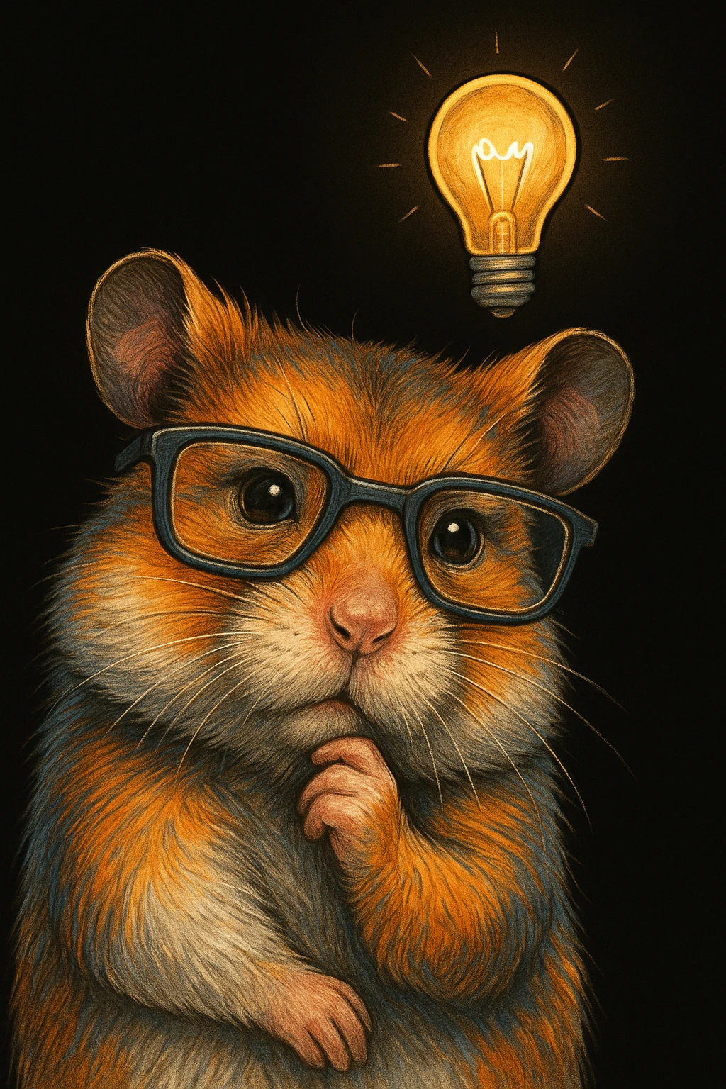 a unique, colorful, mature, modern, highly realistic hamster with cool glasses, thinking about an idea with a lightbulb above its head, hand-drawn look, visually clear and not broken, illustrated in Procreate style on an iPad, solid black background emoji