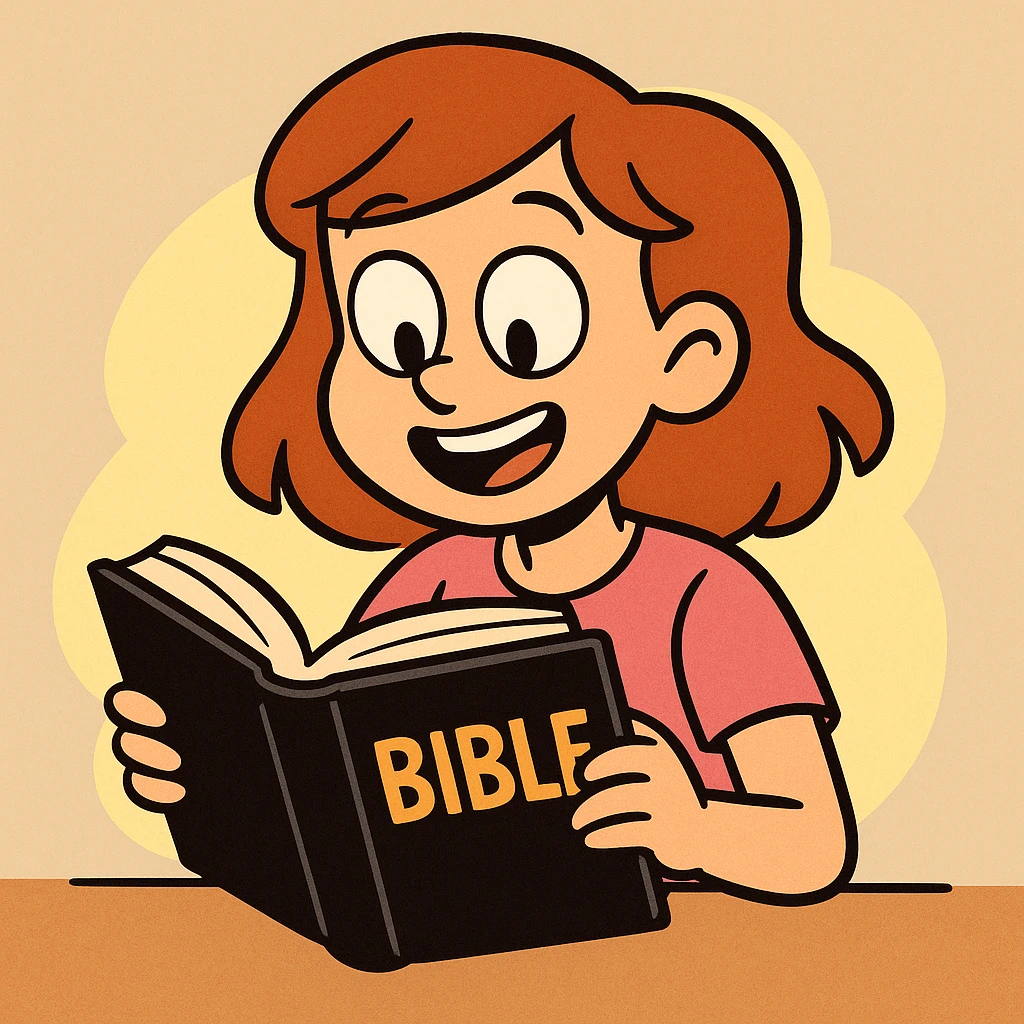 a girl reading the Bible, cartoon style, bright colors, simple shapes, cheerful expression emoji