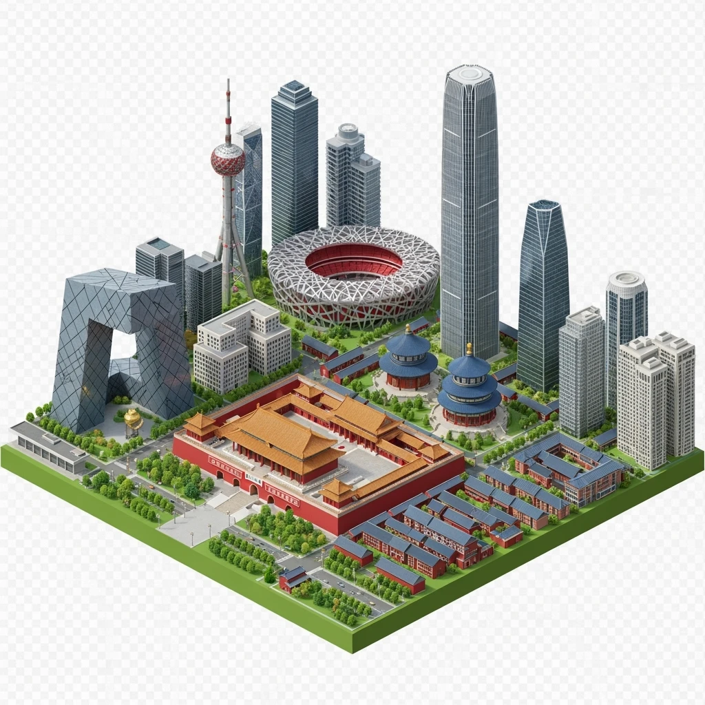 Isometric miniature of Beijing Forbidden City, Tiananmen Square, CCTV Headquarters, Temple of Heaven, China Zun skyscraper, Bird’s Nest Stadium, Beijing apartment blocks, 3D miniature effect and Tilt Shift effect, no cartoonish look, transparent background, don't cut angles emoji