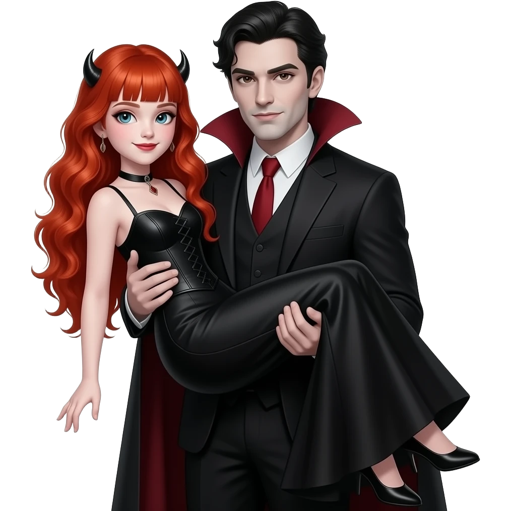 Vampiro femmina 12enne con capelli lunghi rosso fuoco ondulati e con una frangetta con pelle bianca che indossa un vestito stretto in vita e largo sotto lungo e nero e sta in braccio al papà VAMPIRO emoji