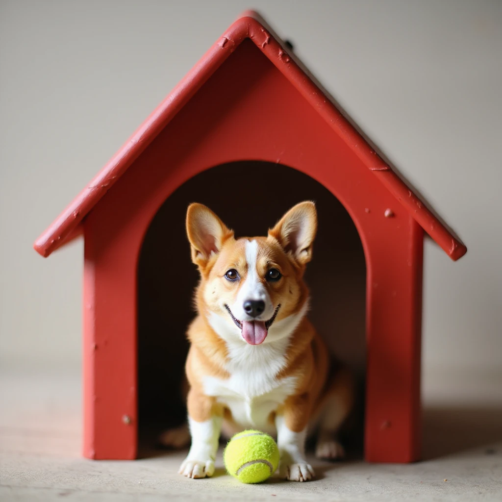 realistic red dog house with a Corgi dog inside, Corgi with a tennis ball, photorealistic style emoji