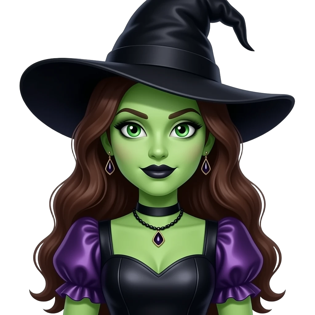 The Wicked Witch from The Wonderful Wizard of Oz with green skin, green eyes, long dark brown hair, black eyeshadow, black lipstick, black and purple metallic sweetheart sleeve dress, black hat, black necklace and earrings emoji