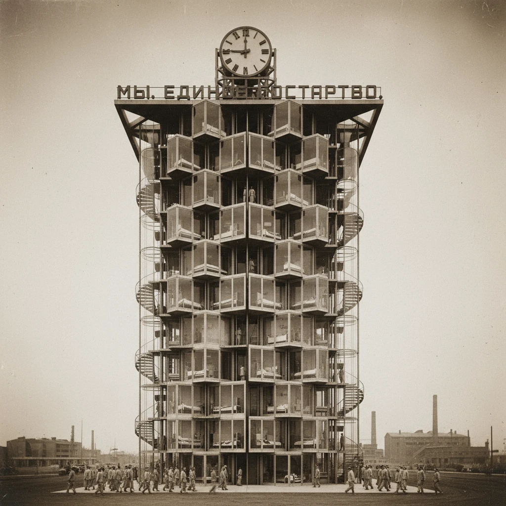 Капсульный дом-коммуна конструктивизм 1920-е годы из произведения "Мы" Замятина 

Архивное фото 

 emoji