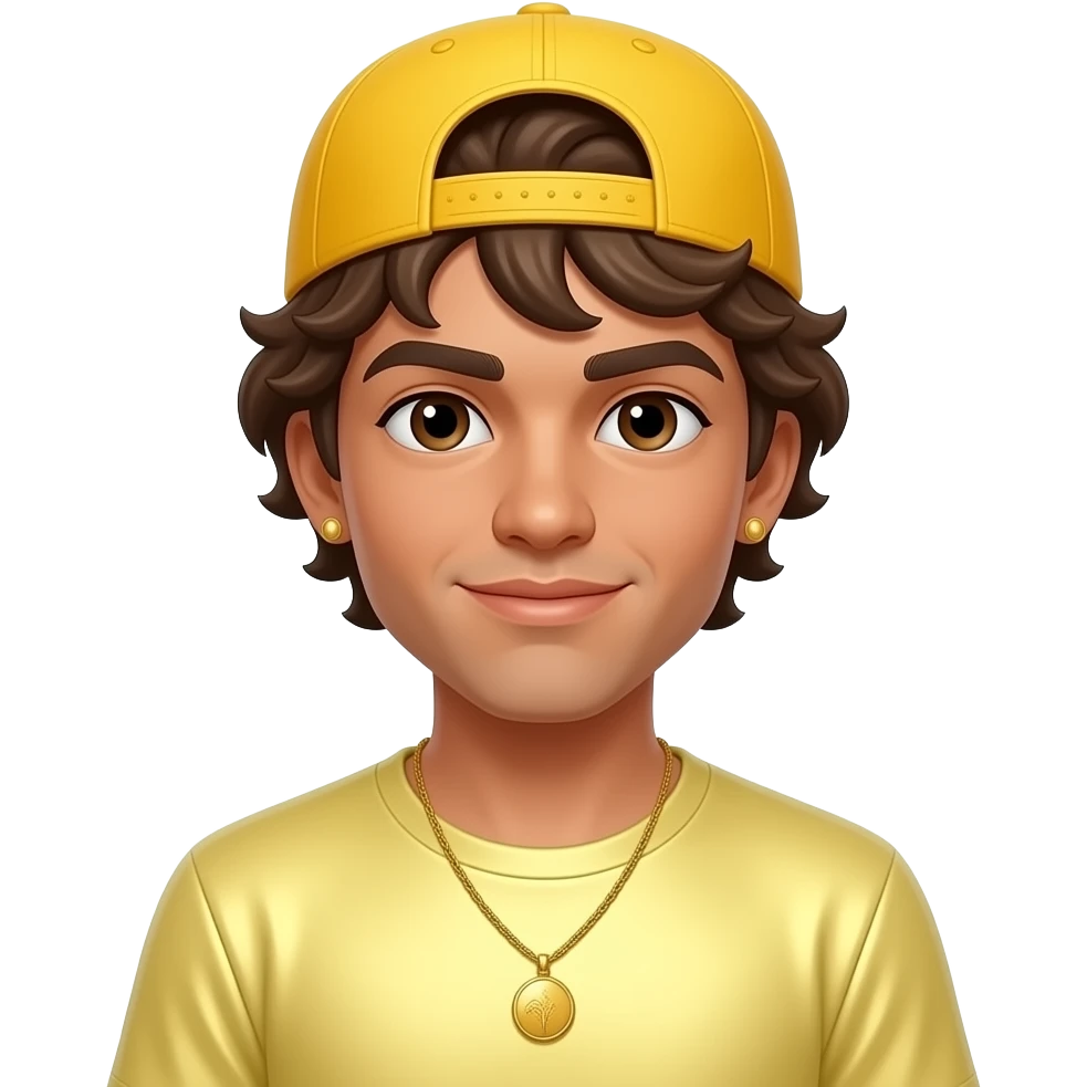 Aaron T from 4*Town with tan skin, brown eyes, chestnut brown wavy hair, yellow cap, light yellow metallic t-shirt, gold necklace and short earrings emoji