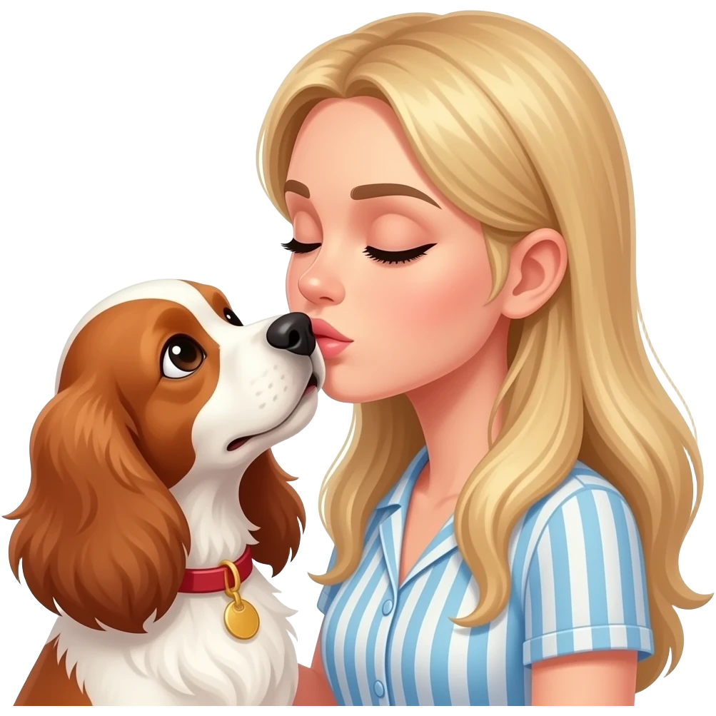 White woman with Long blond hair kissing White/red cockerspaniel on head emoji