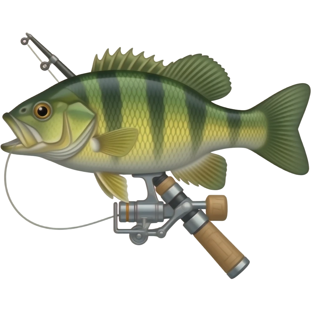 baitcaster fishing rod with a peacock bass on the end of the line emoji