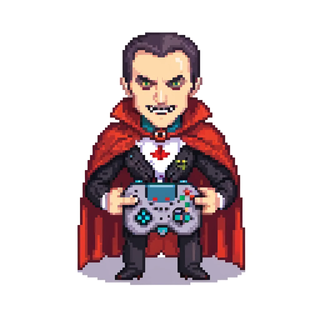 Count Dracula vampire with fangs and cape holding a gaming controller emoji