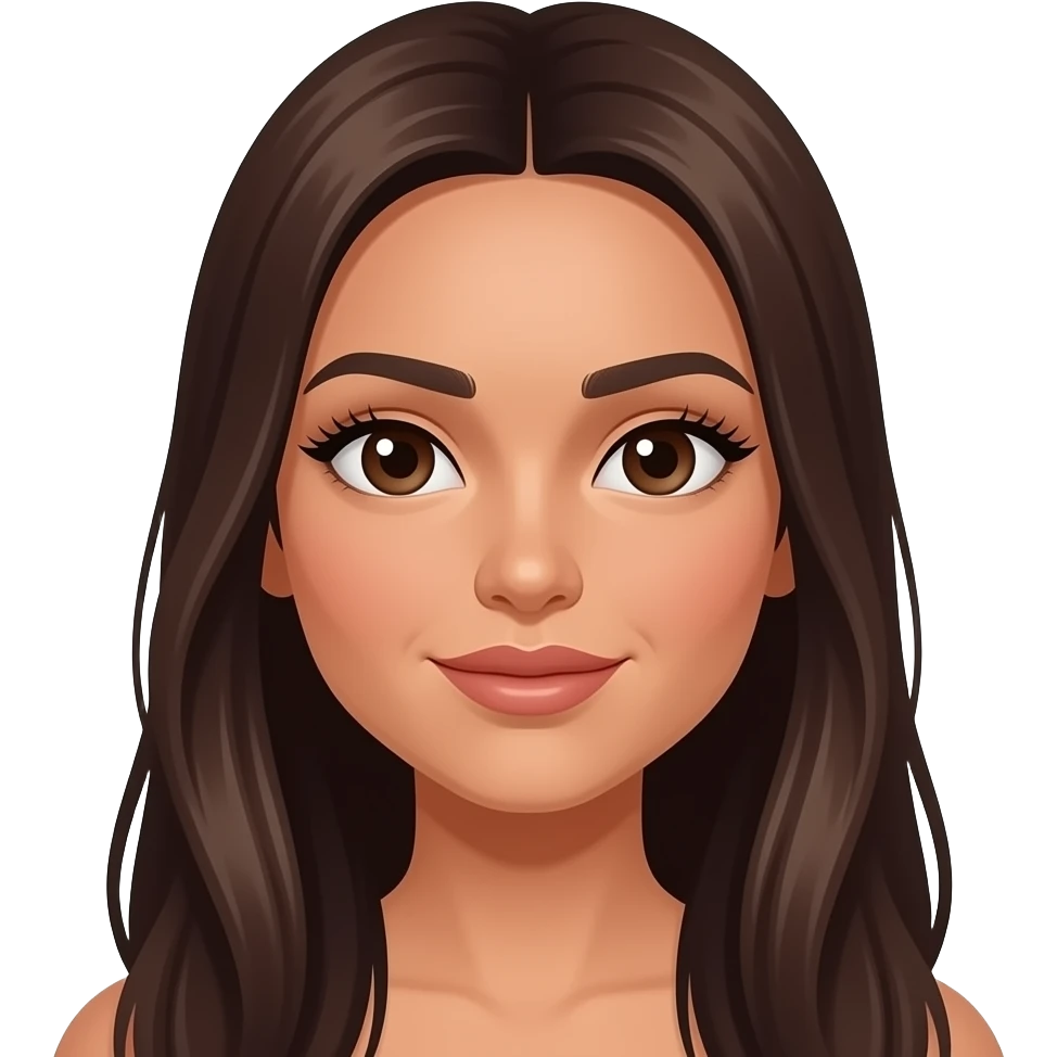 hispanic girl with long straight dark brown hair with almost up turned eyes medium to thin lips eye lash extensions light caremel skin color emoji