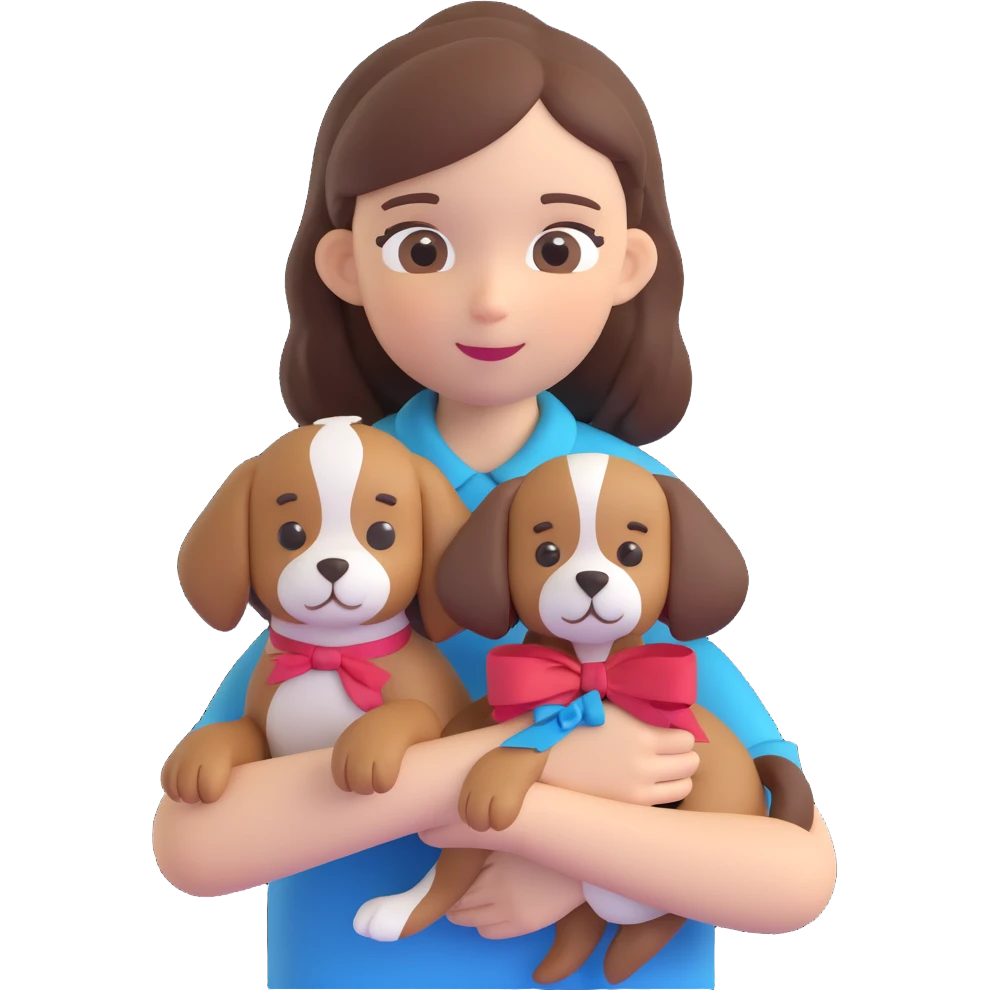 A pale girl with brown shoulder-length hair tied with a ribbon hairclip, holding a dog emoji
