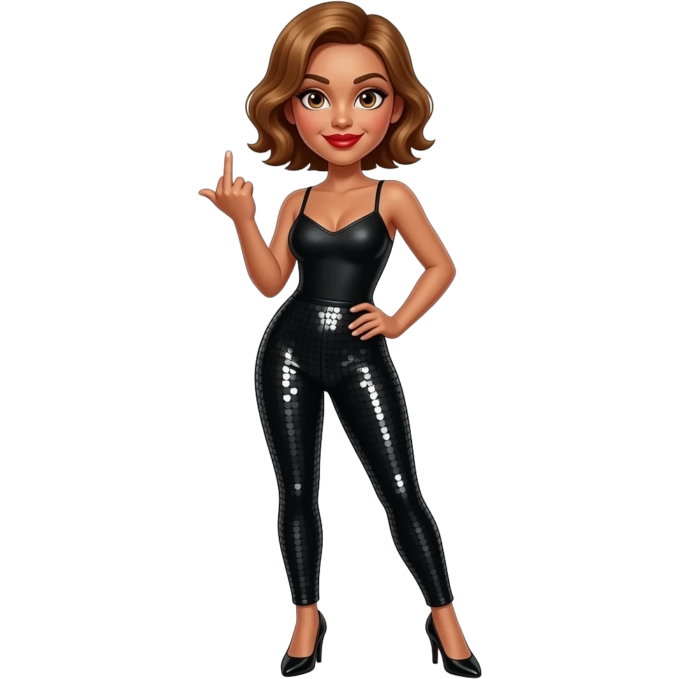 glamours,-tanned,-very-beautiful-woman-with-big-plump-red-lips,-long-long-lashes,-honey-silky-very short- hair,-wavy-hair,-hazel-eyes- wearing-black-bodysuit-and-black-sequinned-pants-black-black stilettos-and-sticking-up-middle-finger-full body emoji