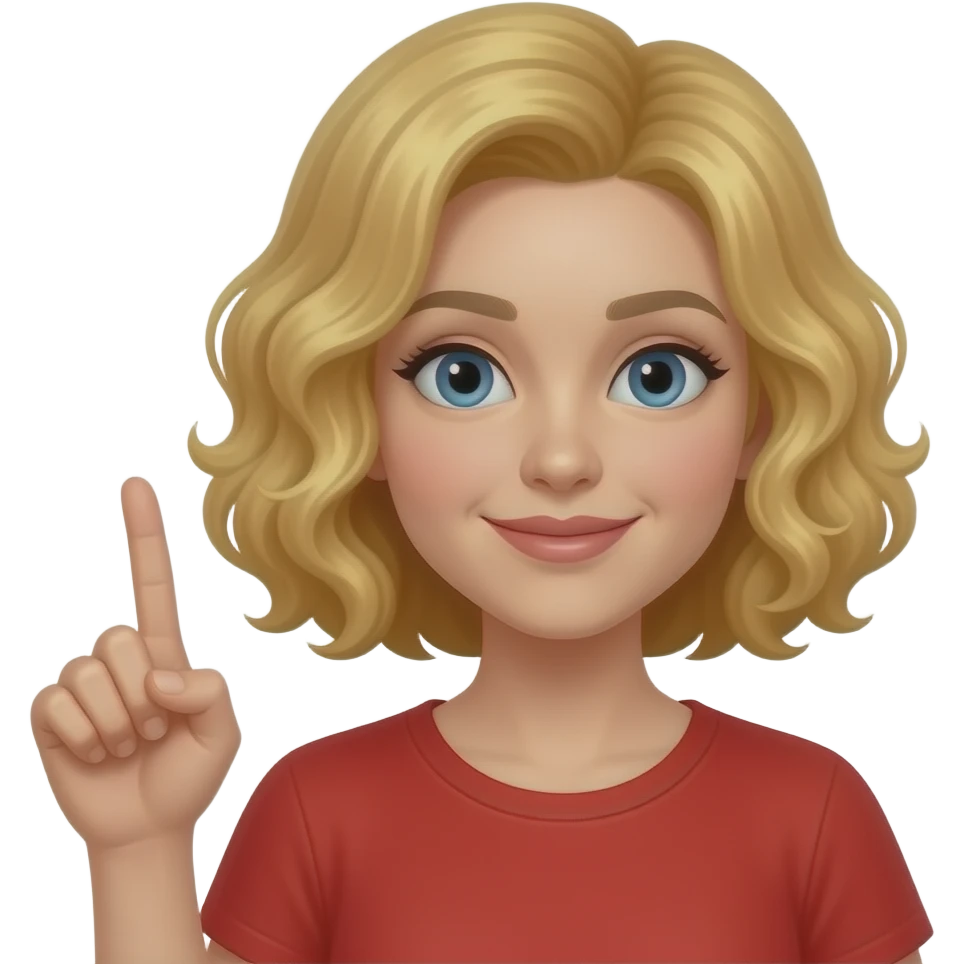 blonde curly bob saying no with finger in the air in a red shirt emoji