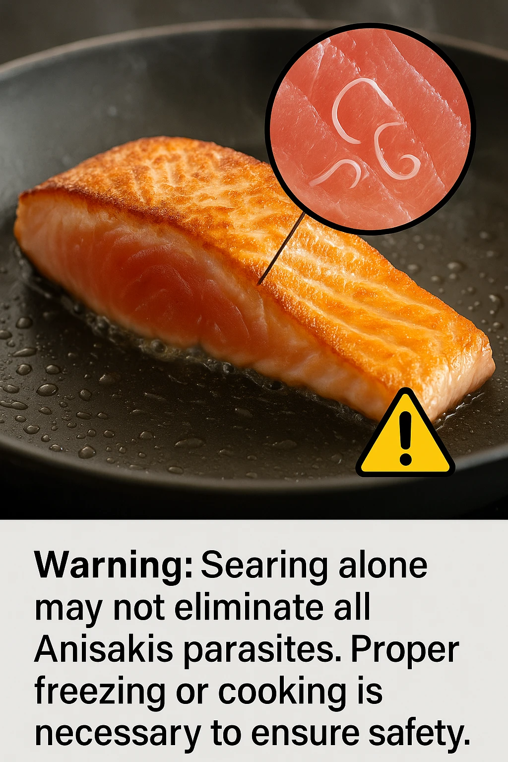 a close-up of a salmon fillet being lightly seared in a hot pan, with the outer layer cooked but the inside still raw. An inset magnifies the interior, showing visible Anisakis parasites surviving in the uncooked portion. A warning icon and educational text explain that searing alone may not eliminate all parasites. emoji