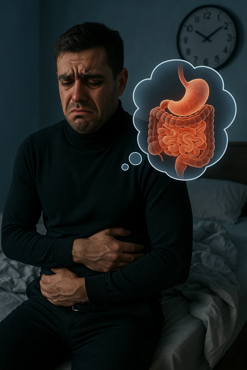 a tired-looking man sits on the edge of his bed at dawn, holding his stomach with a pained expression. Dark circles under his eyes and a messy bed indicate poor sleep. In the background, a clock shows early morning hours, and a thought bubble or overlay highlights digestive organs, emphasizing intestinal discomfort linked to sleep deprivation. emoji