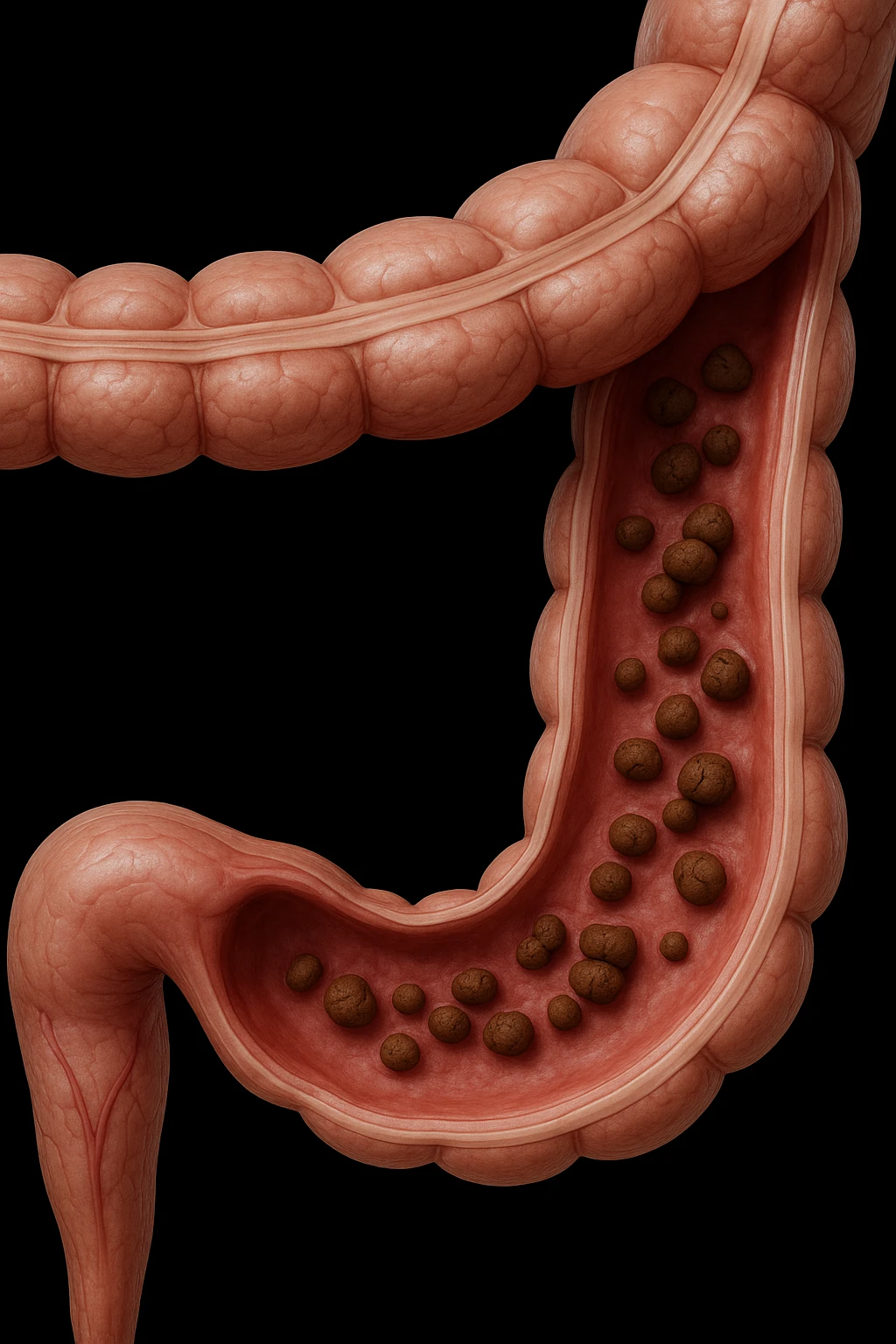 colon umano anatomico con feci a pallini all'interno, stipsi, iperrealistico 4k emoji