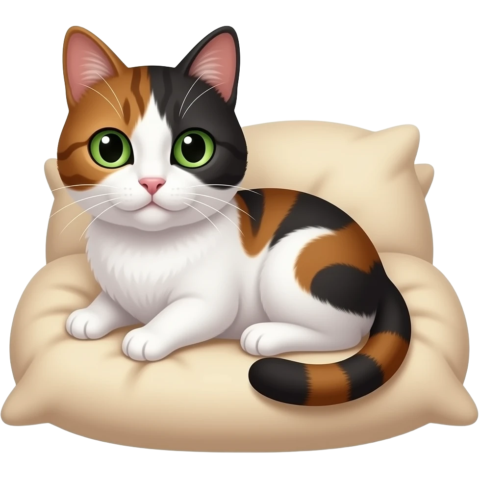 Kot rasa kota 3 kolorowy z zielonymi oczami ciemnymi charaktery zły biało-brązowo-czarną Brzozowo kotek na posłaniu kotowym emoji