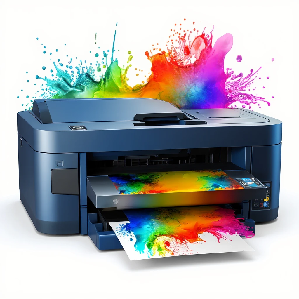 Create a realistic thumbnail for a color document print out service. Show a modern printer with vibrant color splashes and a color printout coming out, on a clean white background. No watermark or text. emoji