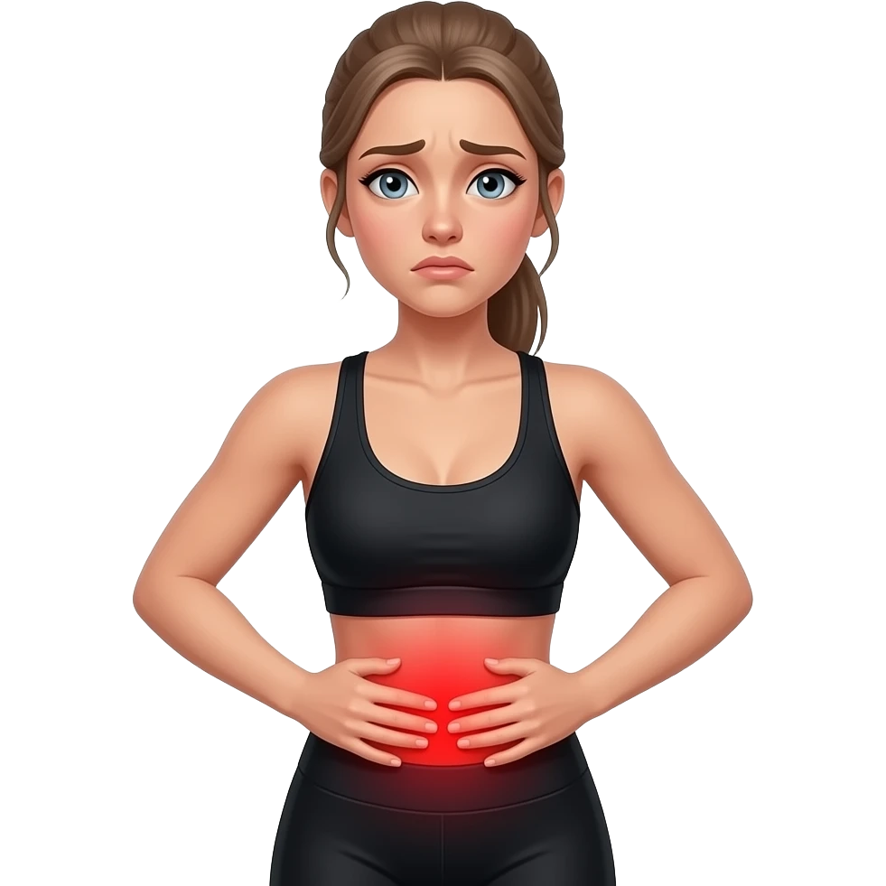 breathing discomfort, full red glow covering chest, woman with hands on ribs, fair-skinned woman, gray-blue eyes, ash brown brows, ash light brown hair tied back, slim athletic body, black workout set emoji