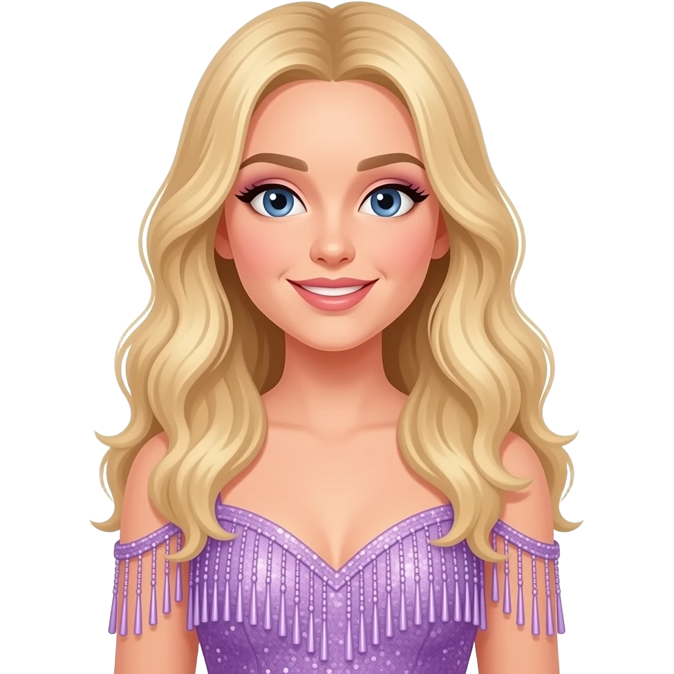 Sabrina carpenter blonde hair performing in a light purple sparkly dress with long strings emoji