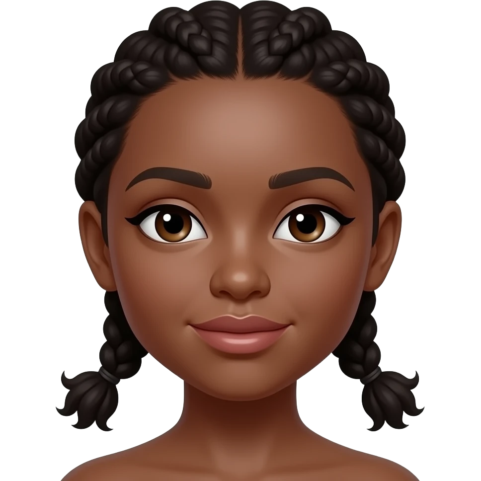 Dark-skinned young woman with smooth skin, full lips, almond-shaped eyes, slightly hooded eyelids, defined natural brows, small rounded nose, soft cheek structure, oval-round face, neat small braids with curly ends framing the face. monster high style emoji