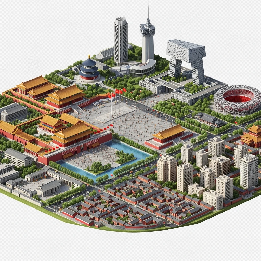Isometric miniature of Beijing Forbidden City, Tiananmen Square, CCTV Headquarters, Temple of Heaven, Beijing National Stadium and crowded hutong alleys, sprawling apartment blocks, 3D miniature effect and Tilt Shift effect, no cartoonish look, transparent background. emoji