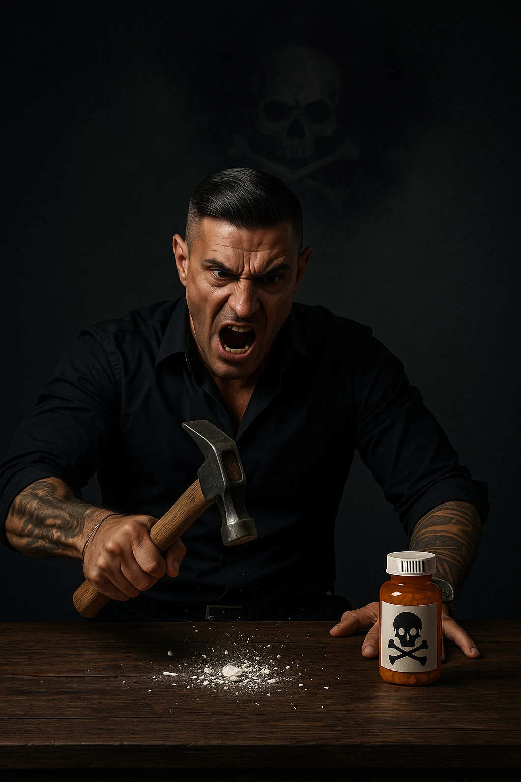 "Angry man crushing prescription pill with hammer on wooden table, expression of righteous fury against medical establishment, pill fragments scattering like defeated enemy, medicine bottle labeled with skull and crossbones in his mind, dramatic lighting showing his determination to reject pharmaceutical control, freedom from chemical dependency symbolized through destruction" emoji