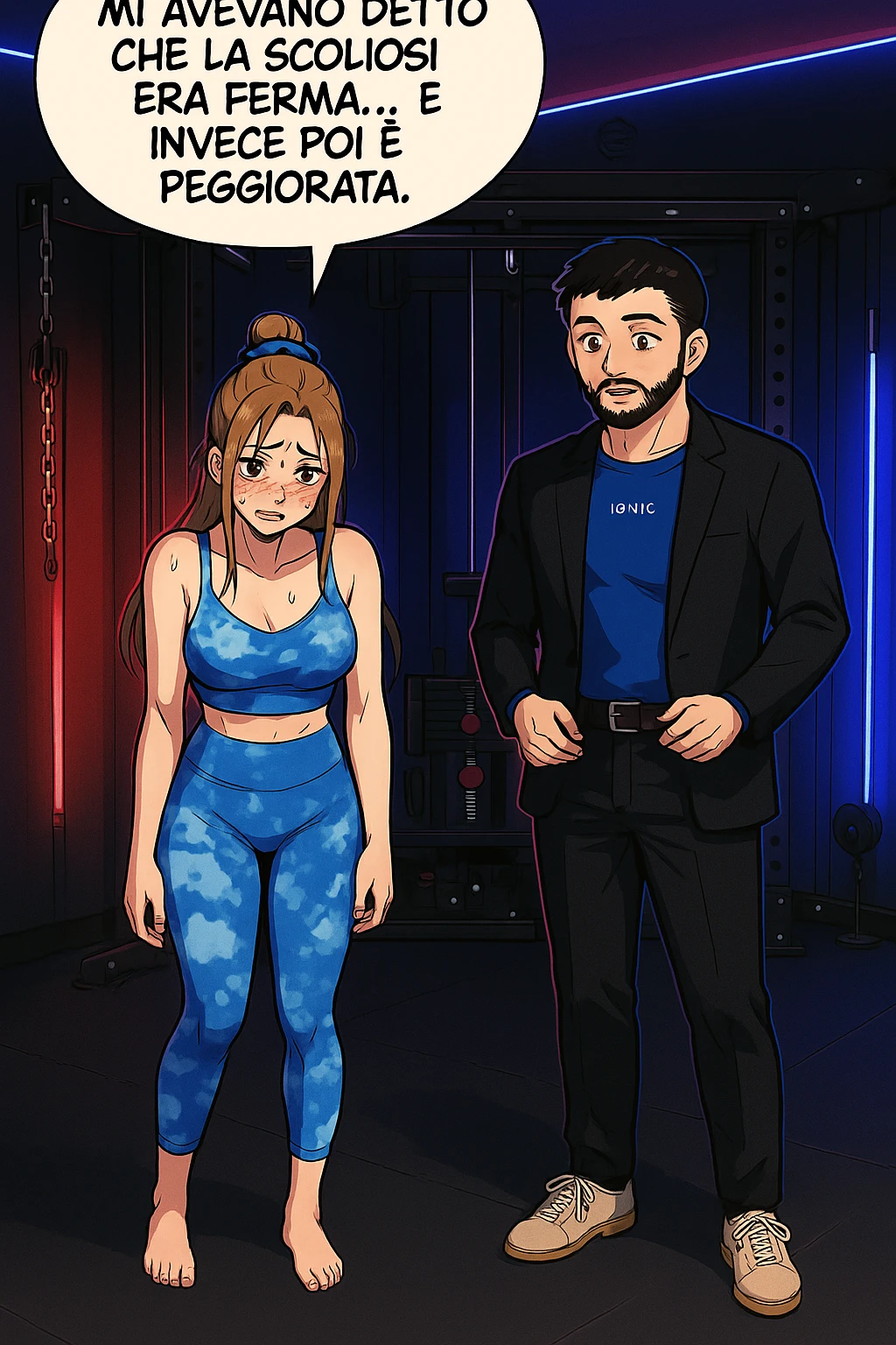 fai questa immagine in versione fumetto/manga/webtoon a colori, il manga mostra la donna disperata con un fumetto sulla testa che dice:
Mi avevano detto che la scoliosi era ferma… e invece poi è peggiorata.
 emoji
