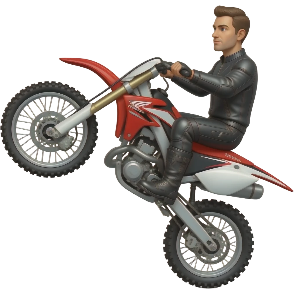 Man doing wheelie on red black and white honda ofroad motorcycle with leather riding boots emoji