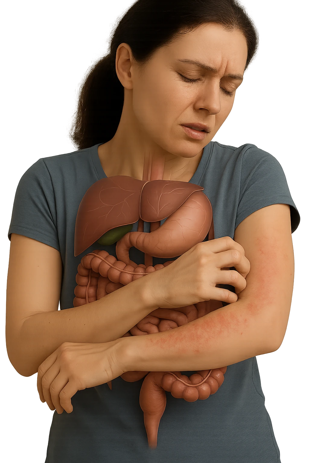 donna con intestino umano anatomico realistico che si gratta il braccio su cui ha un'eritema, iperrealistica 4k emoji