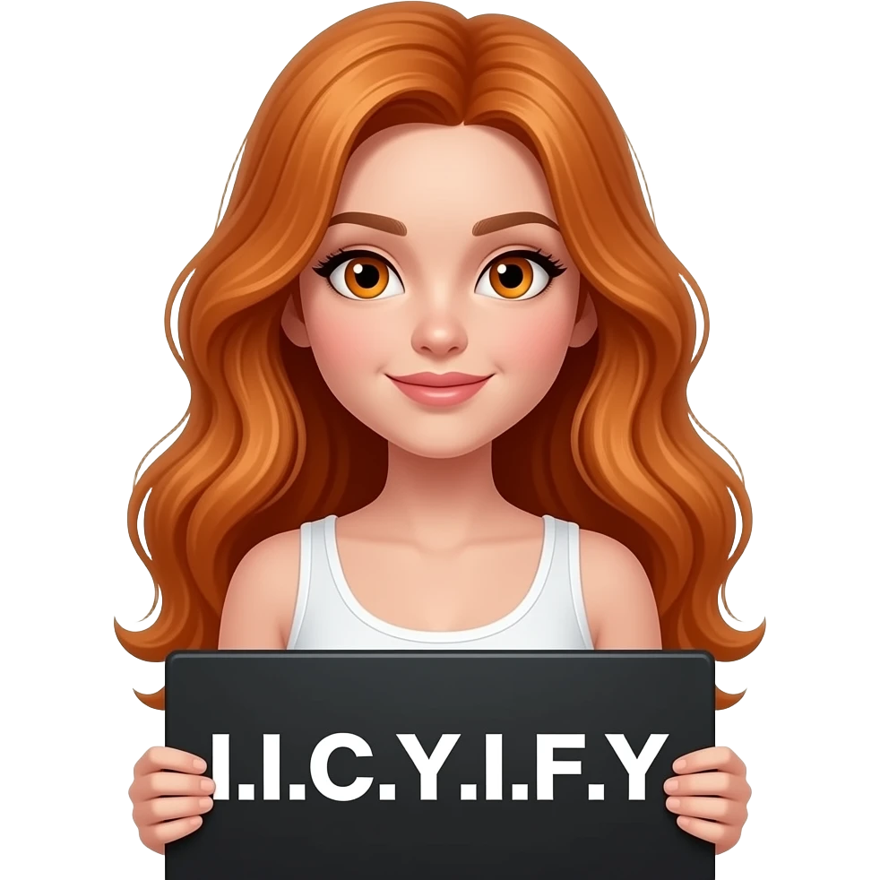 sexy girl with long wavy ginger hair and ginger eyes wearing a white tanktop is holding a black colored sign with I.I.C.Y.I.F.Y. written on it emoji