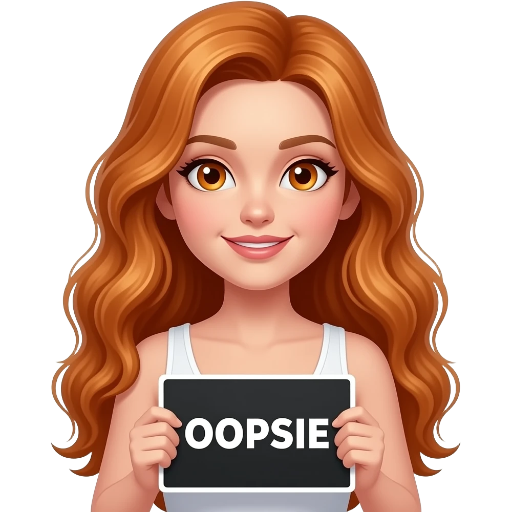 sexy girl with long wavy ginger hair and ginger eyes wearing a white tanktop is holding a black colored sign with OOPSIE... written on it emoji