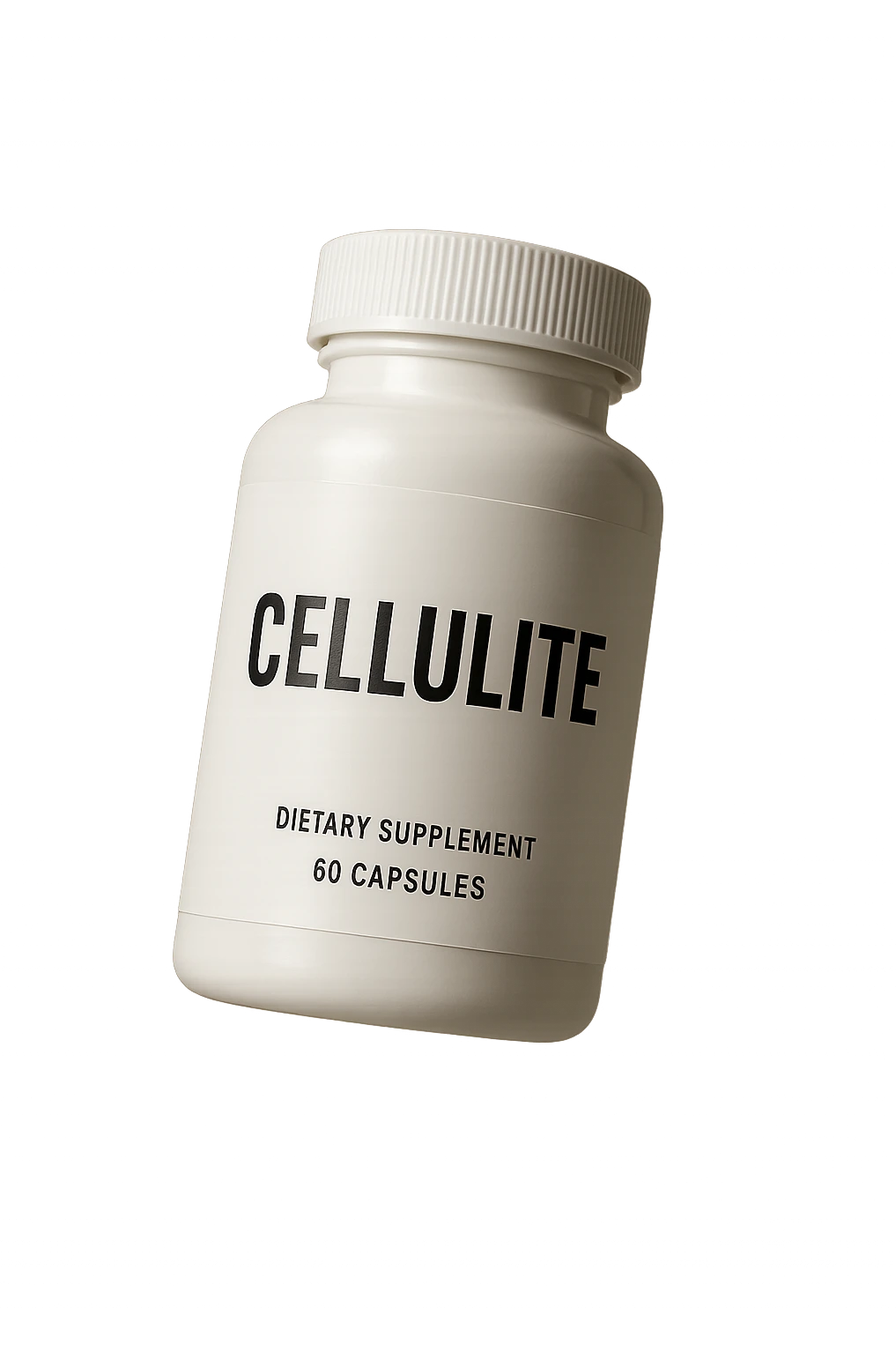 UNA BOCCETTA DI INTEGRATORE BIANCA CON LA SCRITTA "CELLULITE" SULL'ETICHETTA CHE FLUTTUA IN ARIA, IPERREALISTICA 4K emoji