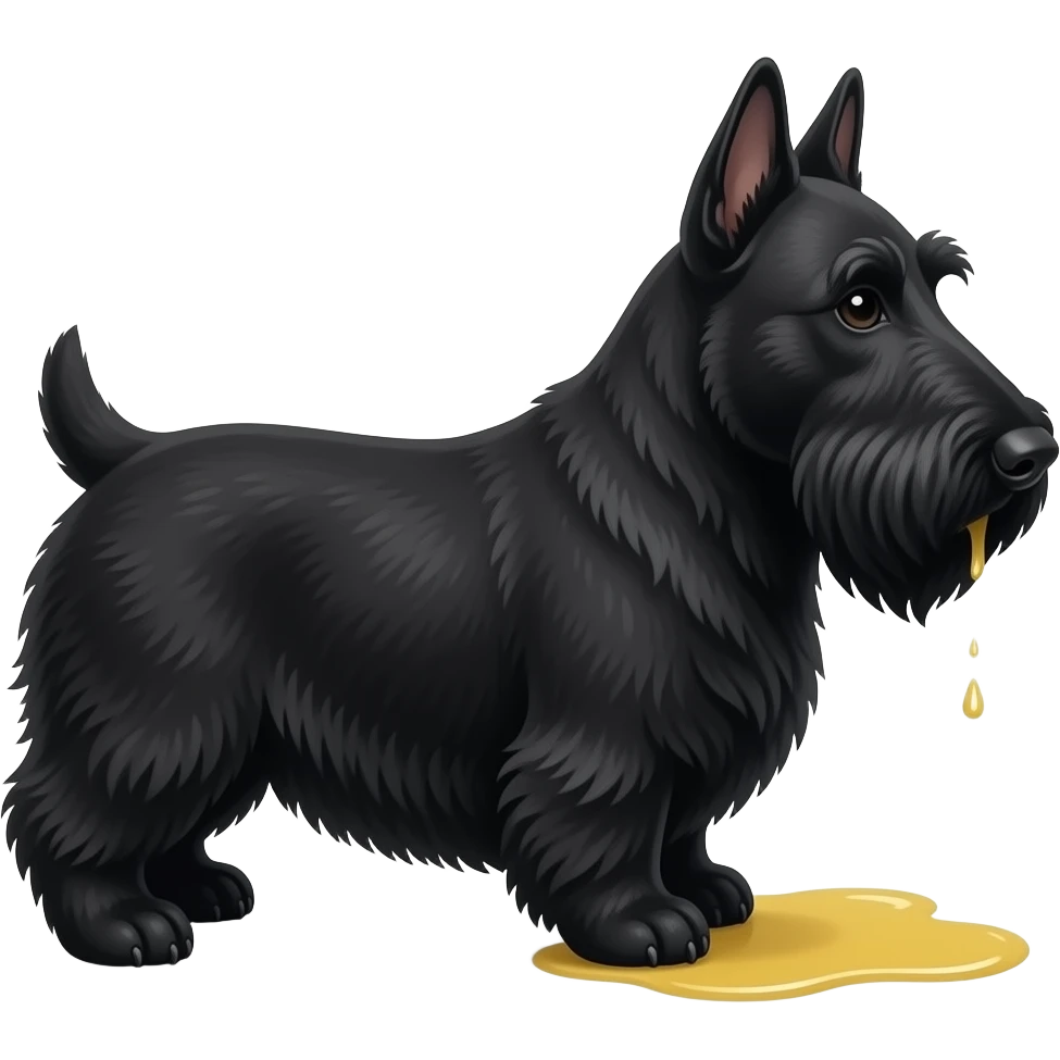 Black Scottie dog in profile with small puddle of yellow urine on the floor under his hind paws, white background. emoji