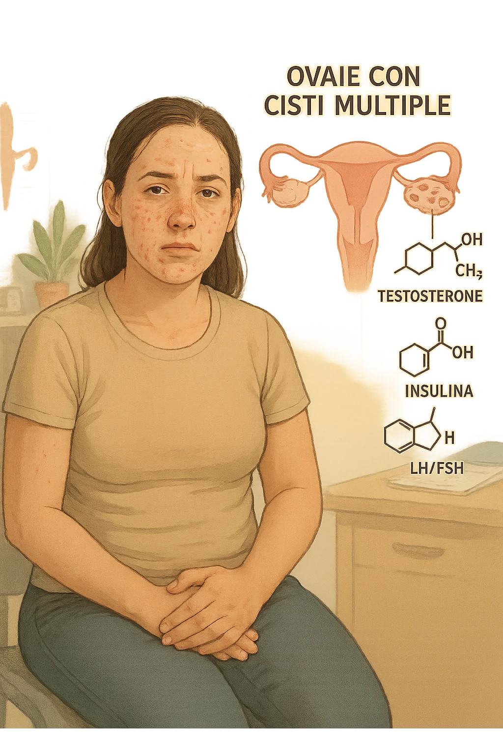 Donna tra i 25 e i 35 anni, con espressione stanca ma determinata, seduta in uno studio medico o nella sua stanza, con mani sul basso ventre. Sullo sfondo un diagramma trasparente o fluttuante di ovaie con cisti multiple, ormoni stilizzati in disequilibrio (testosterone, insulina, LH/FSH). Leggeri segni visivi di sintomi tipici: acne sul viso, lieve aumento di peso, capelli leggermente diradati in zona frontale. Ambiente realistico ma con elementi educativi e simbolici. Toni tenui ma caldi, stile empatico e informativo. in italiano emoji