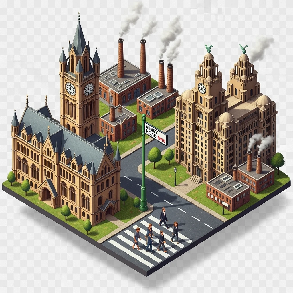 Isometric illustration of Manchester and Liverpool combined, featuring Beatles references (Abbey Road sign), Manchester Town Hall, toy-style factories, balanced between stylized painting and realistic, transparent background emoji