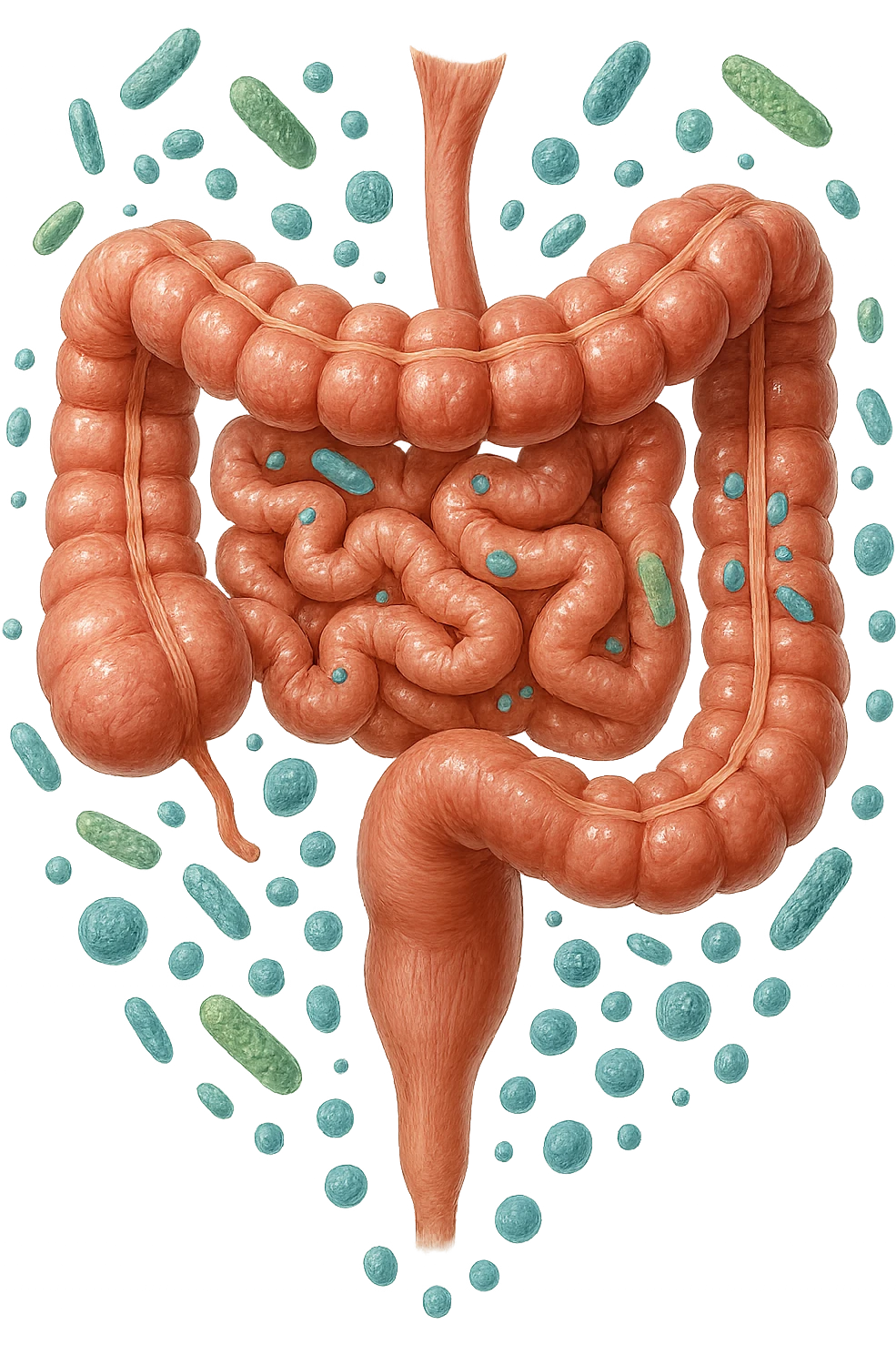 intestino umano anatomico con batteri che fluttuano, iperrealistico 4k emoji