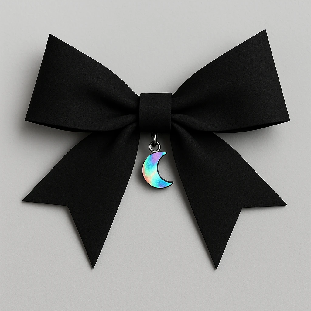 minimalist goth bow, matte black, sharp edges, small silver holographic charm, modern dark aesthetic, holographic effect emoji