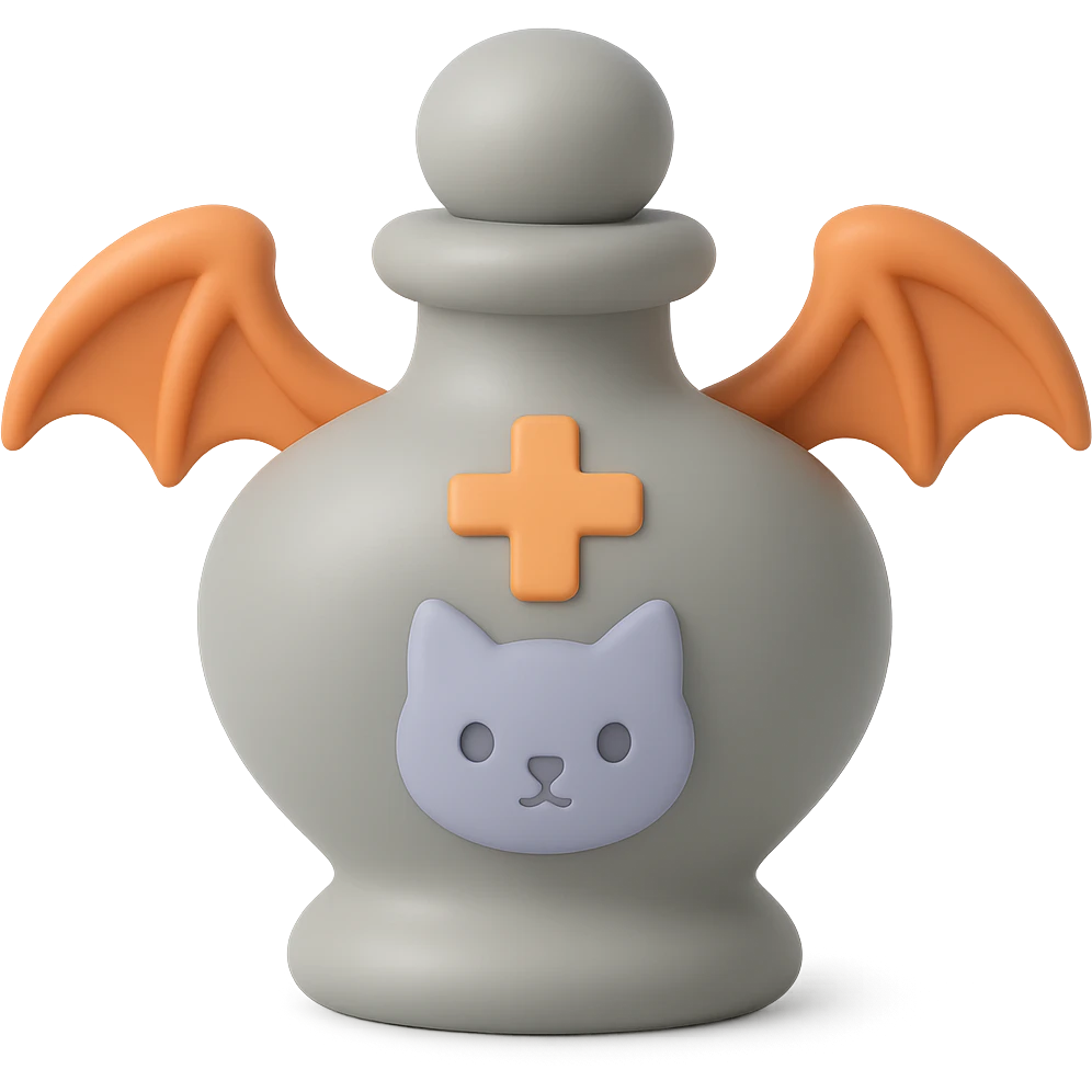 Create a mochi style silver goth potion bottle with a cat motif, featuring a soft and cute gothic look. Remove the background for a clean isolated image. emoji