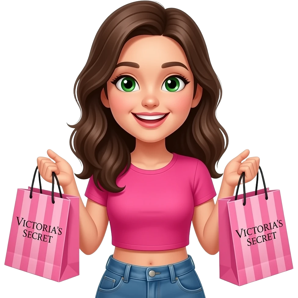 Pretty Happy young woman in hot pink crop top and rich and is very beautiful with shopping bags in hand from Victoria secret and has dark green almond eyes and a cute dimple on the side and highlights in hair emoji