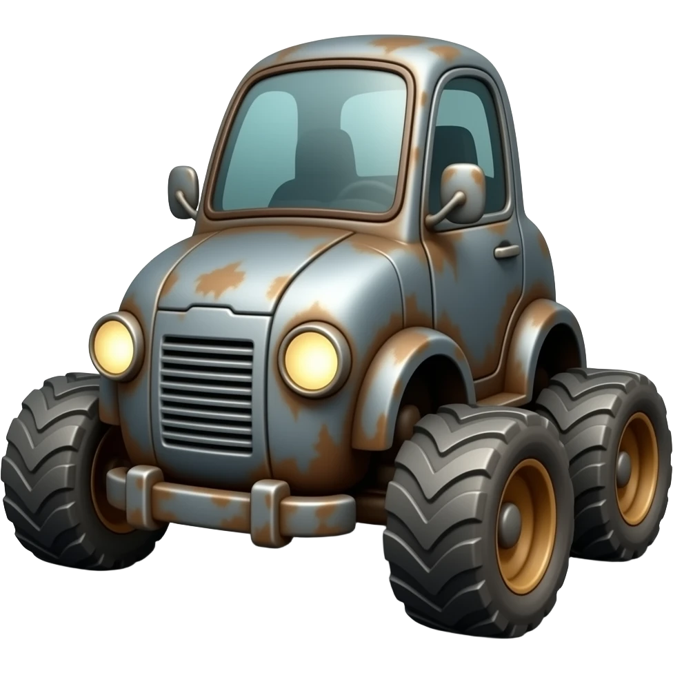 rusty machine on four wheels, glowing round headlights, gray metal with rust, soft lighting, clean background emoji