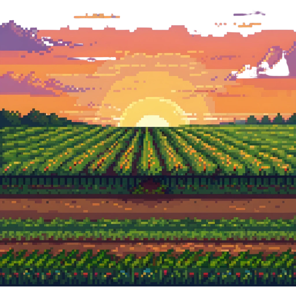 sunset over a beautiful field, pixel art style emoji